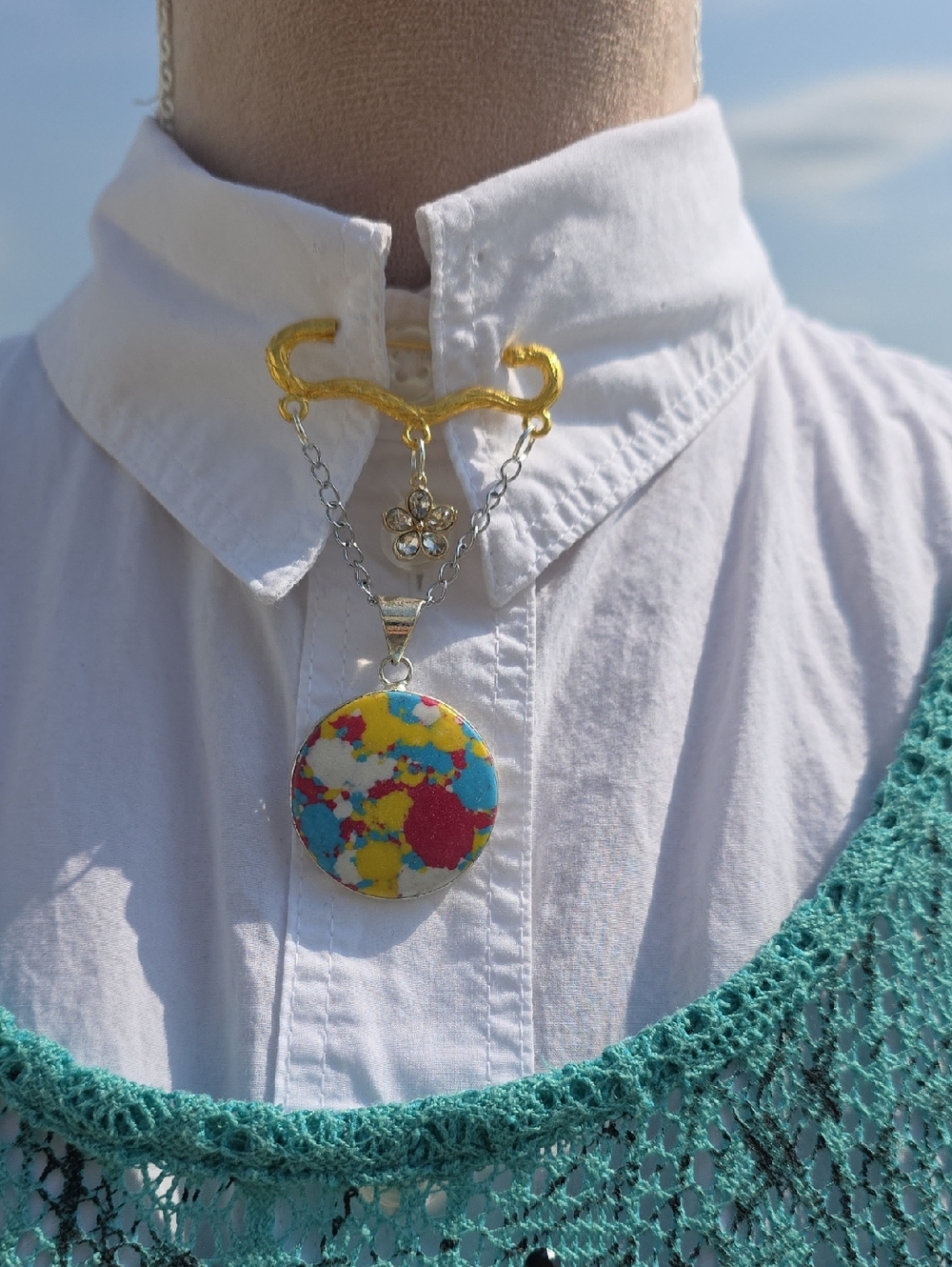 Artisian Multicolor Brooch with Gold and Silver Accents